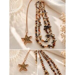 MerMade Rose Gold Starfish Pendant Necklace & Multi Strand Shell Chip Lot